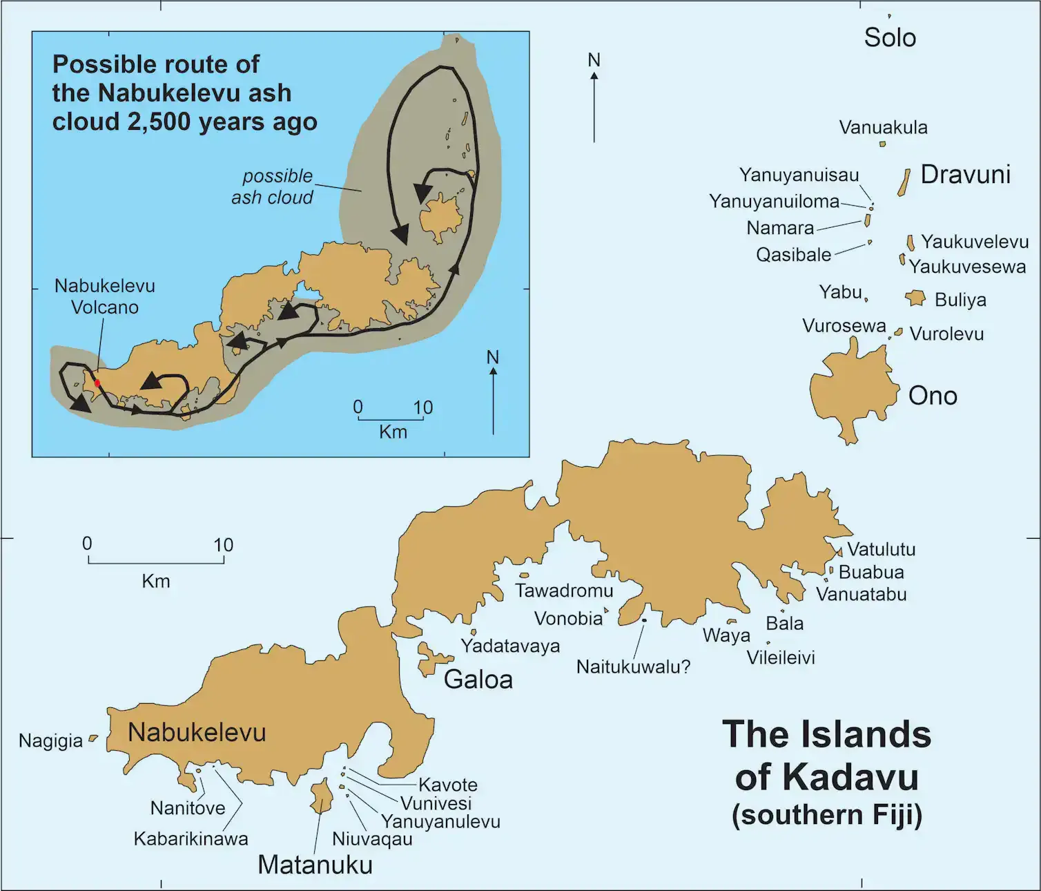 A map of the Islands of Kadavu, southern Fiji with an inset map of the possible route of the Nabukelevu ash cloud 2,500 years ago