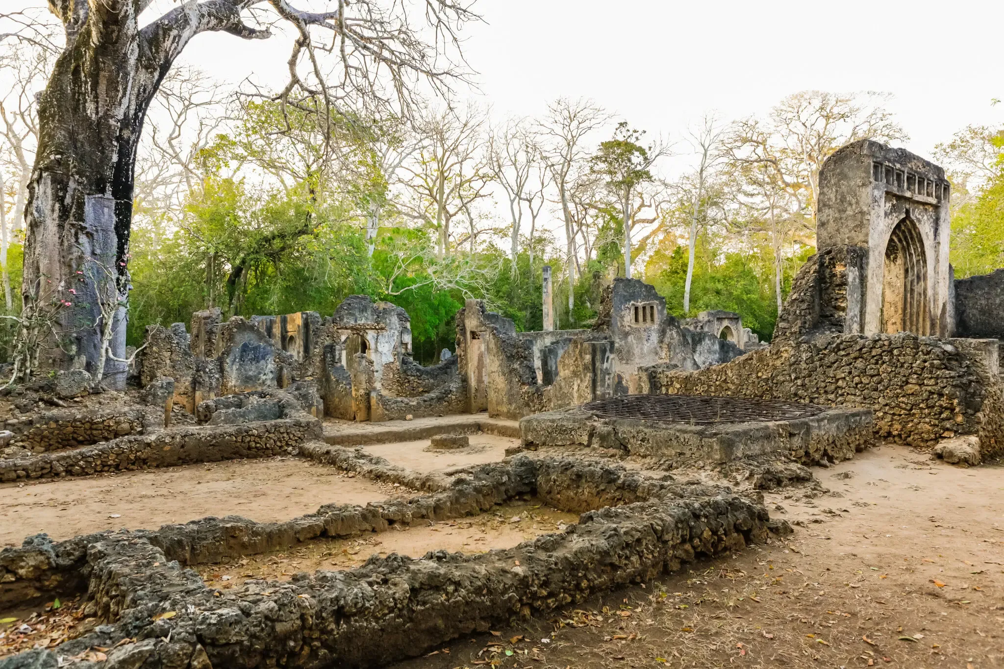 A view of several low stone ruins in a clearing with an archway still standing to the right. 